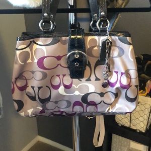 White black and purple printed coach bag
